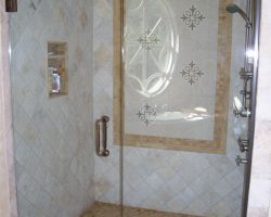 1/2" Frameless shower door with panel, custom colored hardware and handle. We offer a variety of different handles and can match custom colors 1/2" Frameless shower door with panel, custom colored hardware and handle. We offer a variety of different handles and can match custom colors